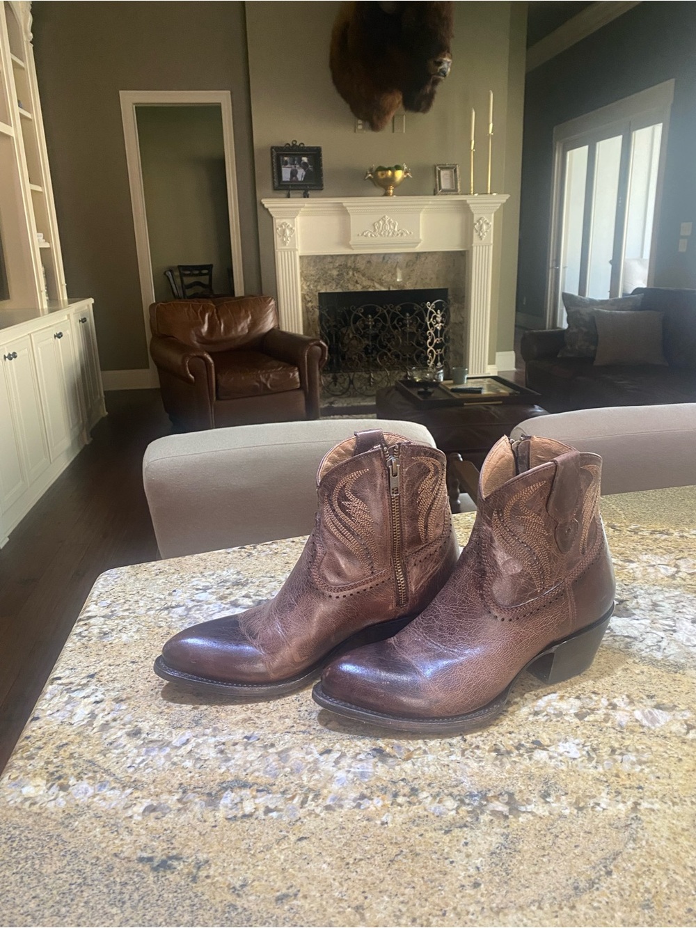 Lucchese Brown Leather Western Zip Ankle Boots